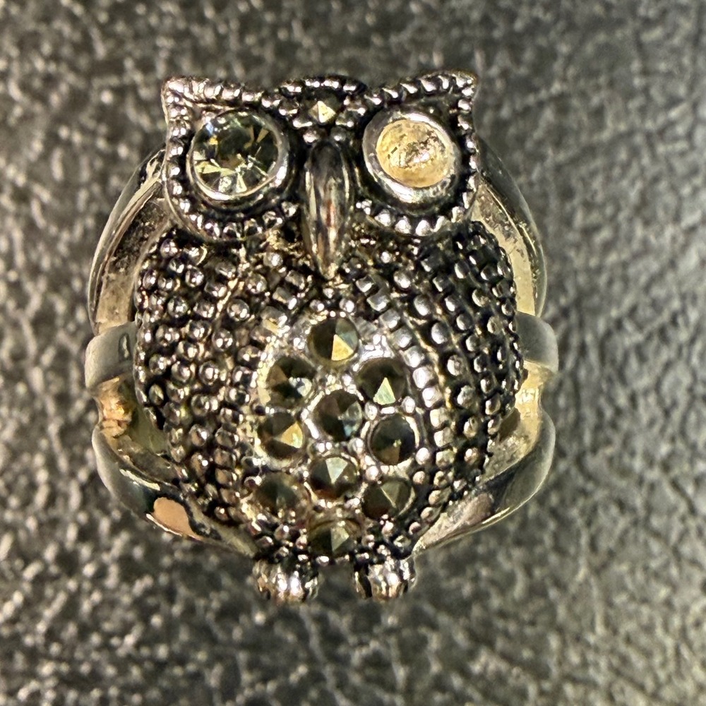 Vintage Sterling Silver Marcasite Owl Figural Statement Ring Size 7.25